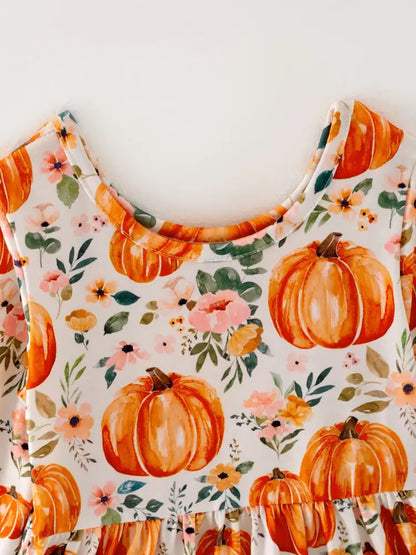 Girls FALL Pumpkin Print Long Sleeve Dress - Dress