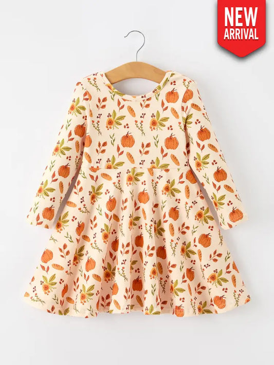 Fall Pumpkin Floral Girls Twirl Dress Long Sleeve - Dress