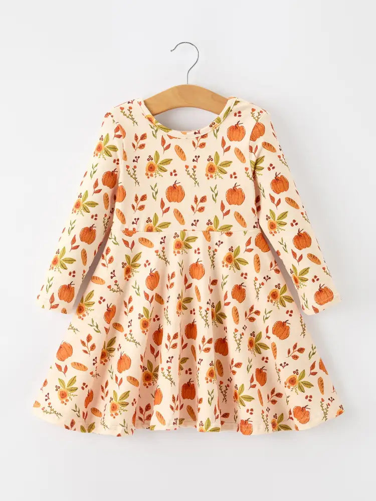 Fall Pumpkin Floral Girls Twirl Dress Long Sleeve - Dress