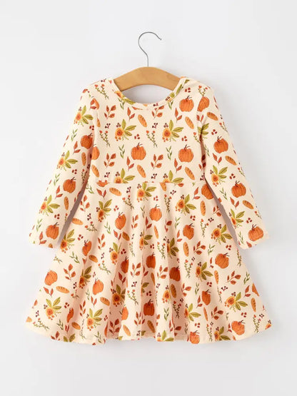 Fall Pumpkin Floral Girls Twirl Dress Long Sleeve - Dress
