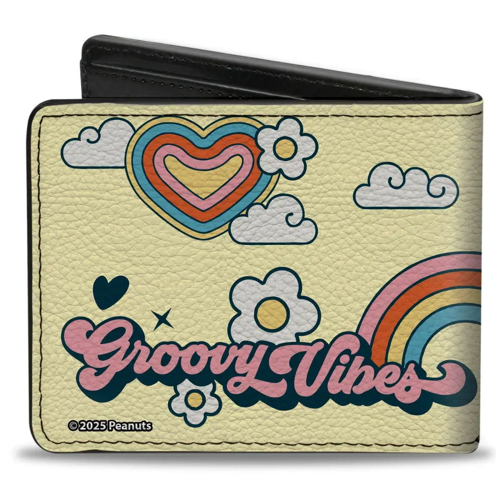 Bi-Fold Wallet - Peanuts Snoopy Flying Ace and Woodstock GROOVY Quotes Collage Yellow Bi-Fold Wallets