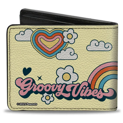 Bi-Fold Wallet - Peanuts Snoopy Flying Ace and Woodstock GROOVY Quotes Collage Yellow Bi-Fold Wallets