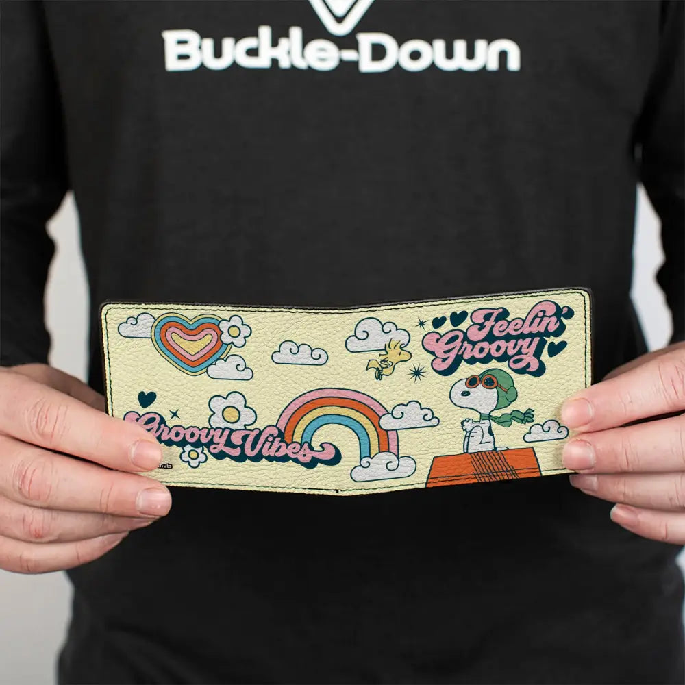 Bi-Fold Wallet - Peanuts Snoopy Flying Ace and Woodstock GROOVY Quotes Collage Yellow Bi-Fold Wallets