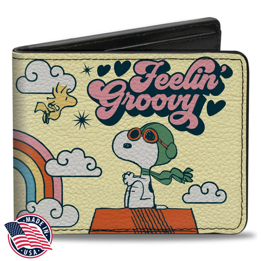 Bi-Fold Wallet - Peanuts Snoopy Flying Ace and Woodstock GROOVY Quotes Collage Yellow Bi-Fold Wallets