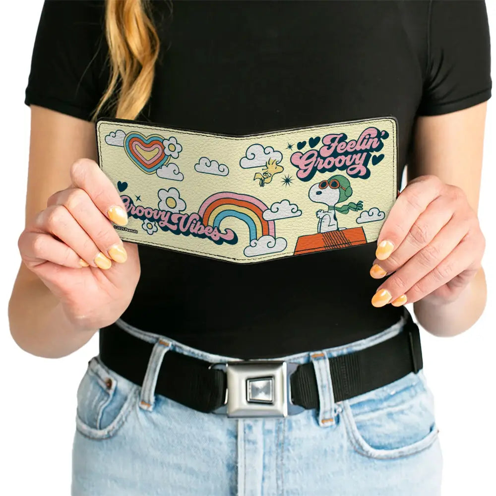 Bi-Fold Wallet - Peanuts Snoopy Flying Ace and Woodstock GROOVY Quotes Collage Yellow Bi-Fold Wallets