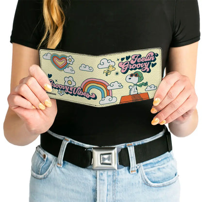 Bi-Fold Wallet - Peanuts Snoopy Flying Ace and Woodstock GROOVY Quotes Collage Yellow Bi-Fold Wallets