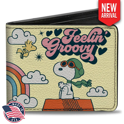 Bi-Fold Wallet - Peanuts Snoopy Flying Ace and Woodstock GROOVY Quotes Collage Yellow Bi-Fold Wallets