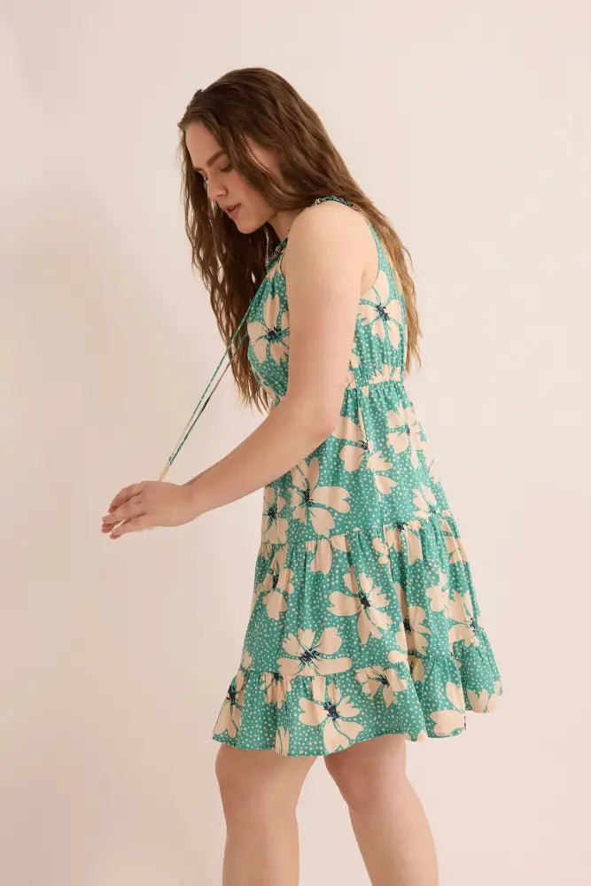 Fiona’s Floral A-Line Dress In Turquoise - Dress & Romper
