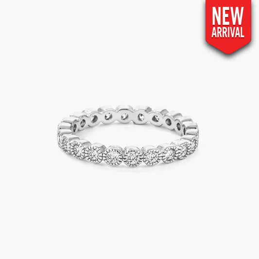 Rhodium Plated Dotted Clear CZ Round Bezel Eternity Ring - Rings