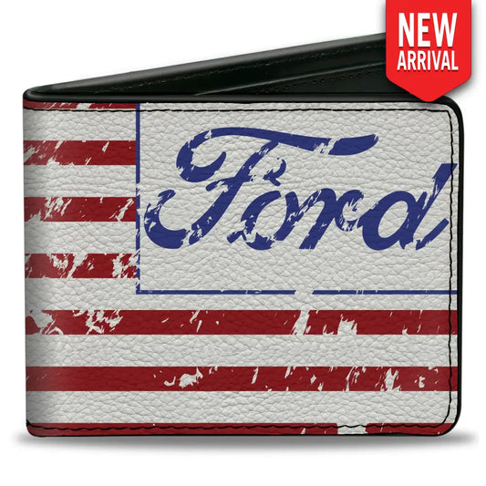 Bi-Fold Wallet - FORD Script Americana Flag Weathered White Red Blue Bi-Fold Wallets