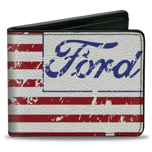 Bi-Fold Wallet - FORD Script Americana Flag Weathered White Red Blue Bi-Fold Wallets