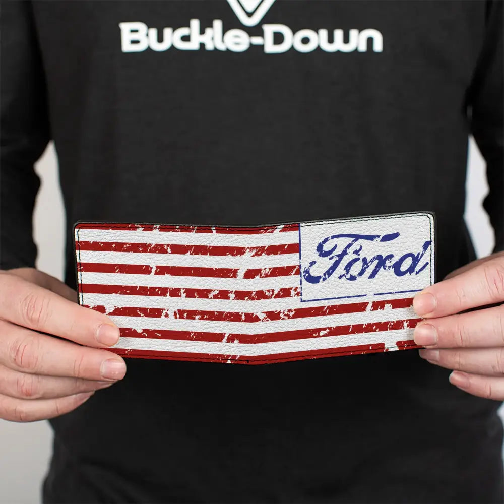 Bi-Fold Wallet - FORD Script Americana Flag Weathered White Red Blue Bi-Fold Wallets