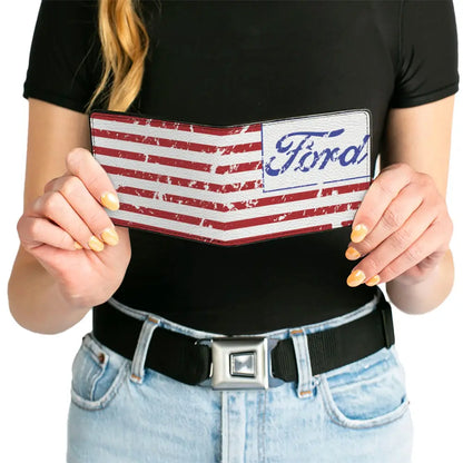 Bi-Fold Wallet - FORD Script Americana Flag Weathered White Red Blue Bi-Fold Wallets
