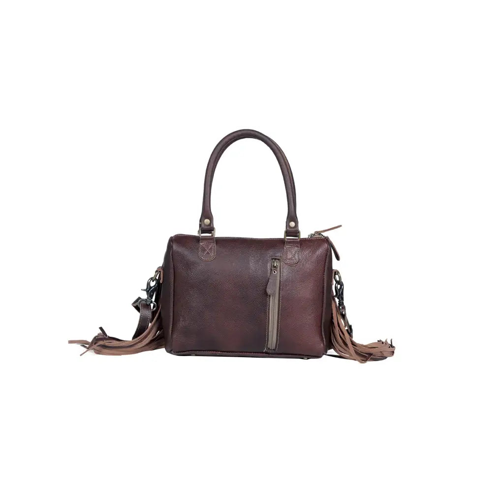 Myra Brown Freckles Concealed Carry Bag Hairon Leather with Fringe Detail and Tooled Trim Dual Carry Western Tote - Bags