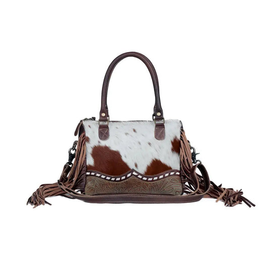 Myra Brown Freckles Concealed Carry Bag Hairon Leather with Fringe Detail and Tooled Trim Dual Carry Western Tote - Bags