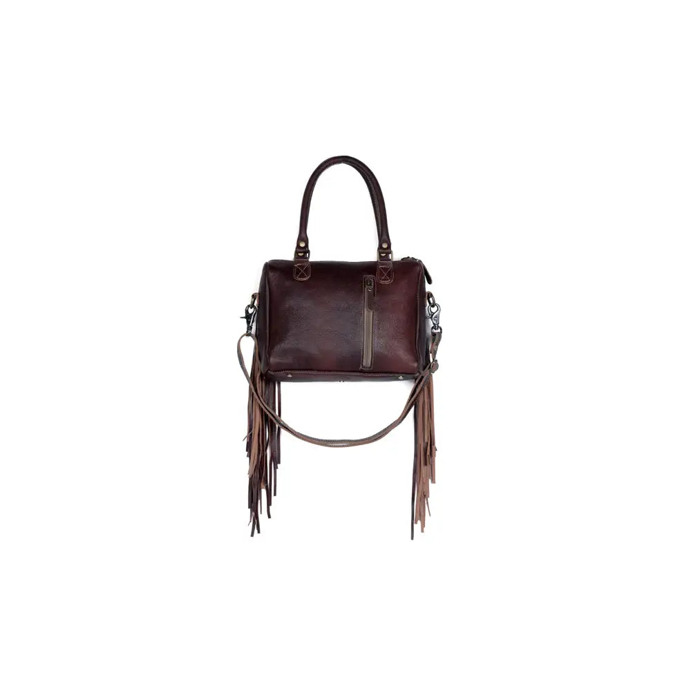 Myra Brown Freckles Concealed Carry Bag Hairon Leather with Fringe Detail and Tooled Trim Dual Carry Western Tote - Bags