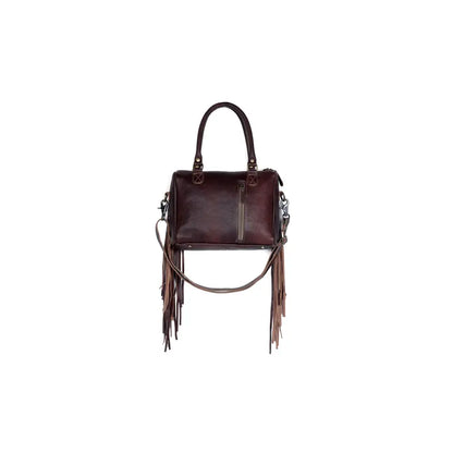 Myra Brown Freckles Concealed Carry Bag Hairon Leather with Fringe Detail and Tooled Trim Dual Carry Western Tote - Bags
