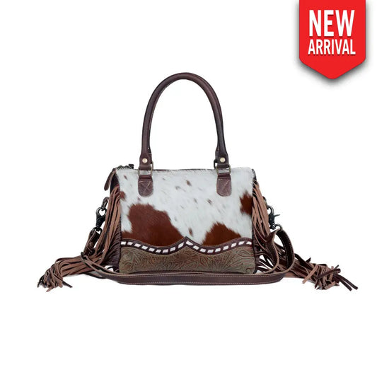 Myra Brown Freckles Concealed Carry Bag Hairon Leather with Fringe Detail and Tooled Trim Dual Carry Western Tote - Bags