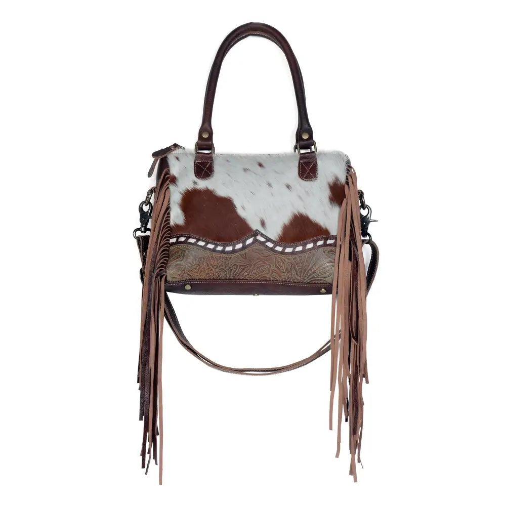 Myra Brown Freckles Concealed Carry Bag Hairon Leather with Fringe Detail and Tooled Trim Dual Carry Western Tote - Bags