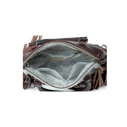 Myra Brown Freckles Concealed Carry Bag Hairon Leather with Fringe Detail and Tooled Trim Dual Carry Western Tote - Bags
