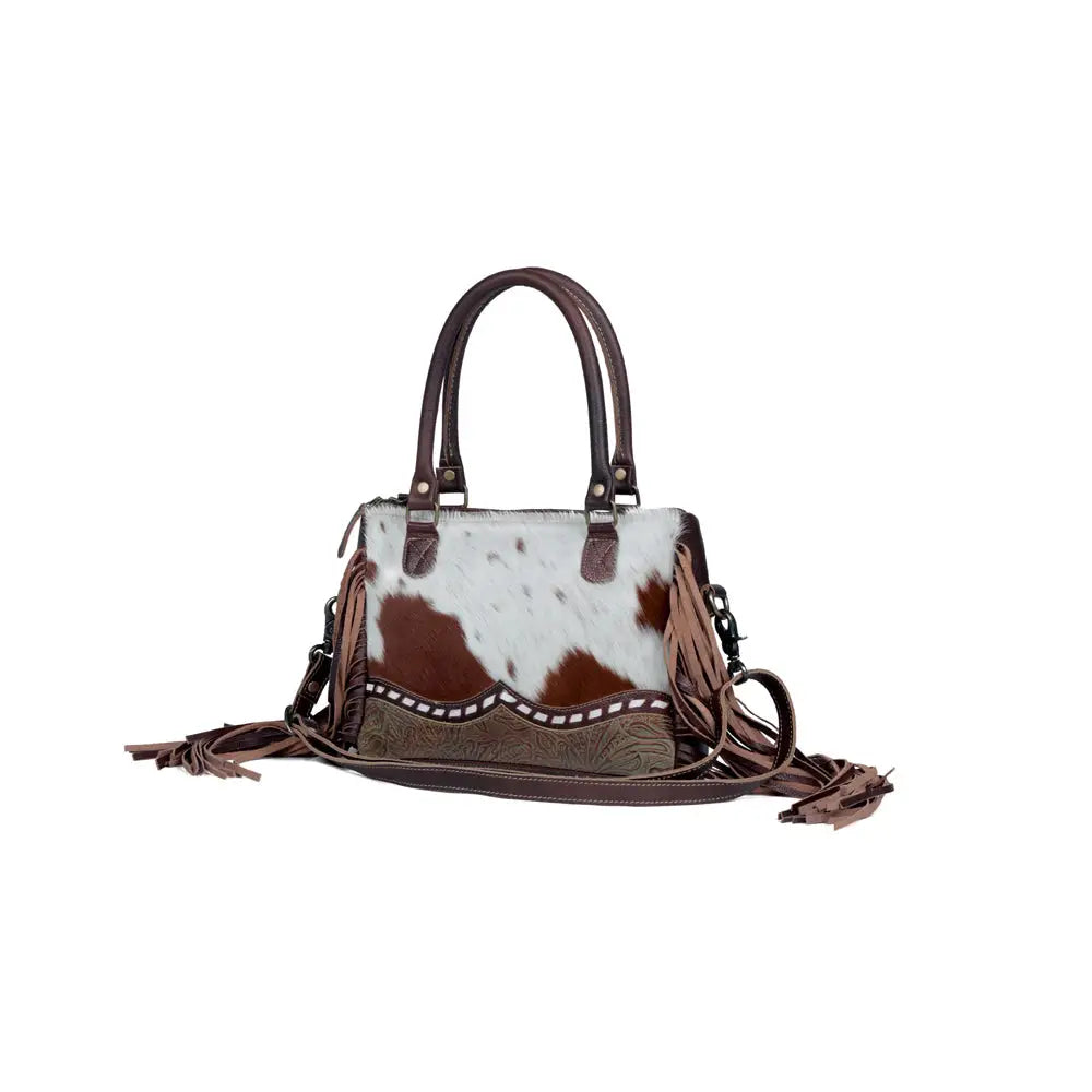 Myra Brown Freckles Concealed Carry Bag Hairon Leather with Fringe Detail and Tooled Trim Dual Carry Western Tote - Bags