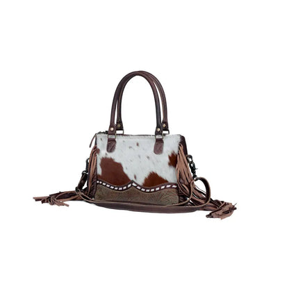 Myra Brown Freckles Concealed Carry Bag Hairon Leather with Fringe Detail and Tooled Trim Dual Carry Western Tote - Bags