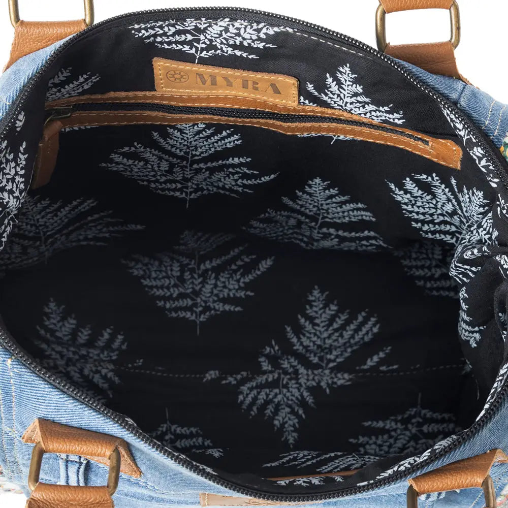 Myra Crimson Glade Floral Canvas Tote Bag - Dual Handle Leather Strap Upcycled Denim Bag for Fun Outings - Multicolor