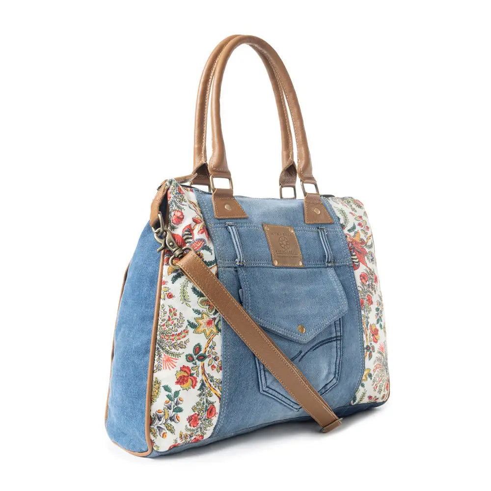 Myra Crimson Glade Floral Canvas Tote Bag - Dual Handle Leather Strap Upcycled Denim Bag for Fun Outings - Multicolor