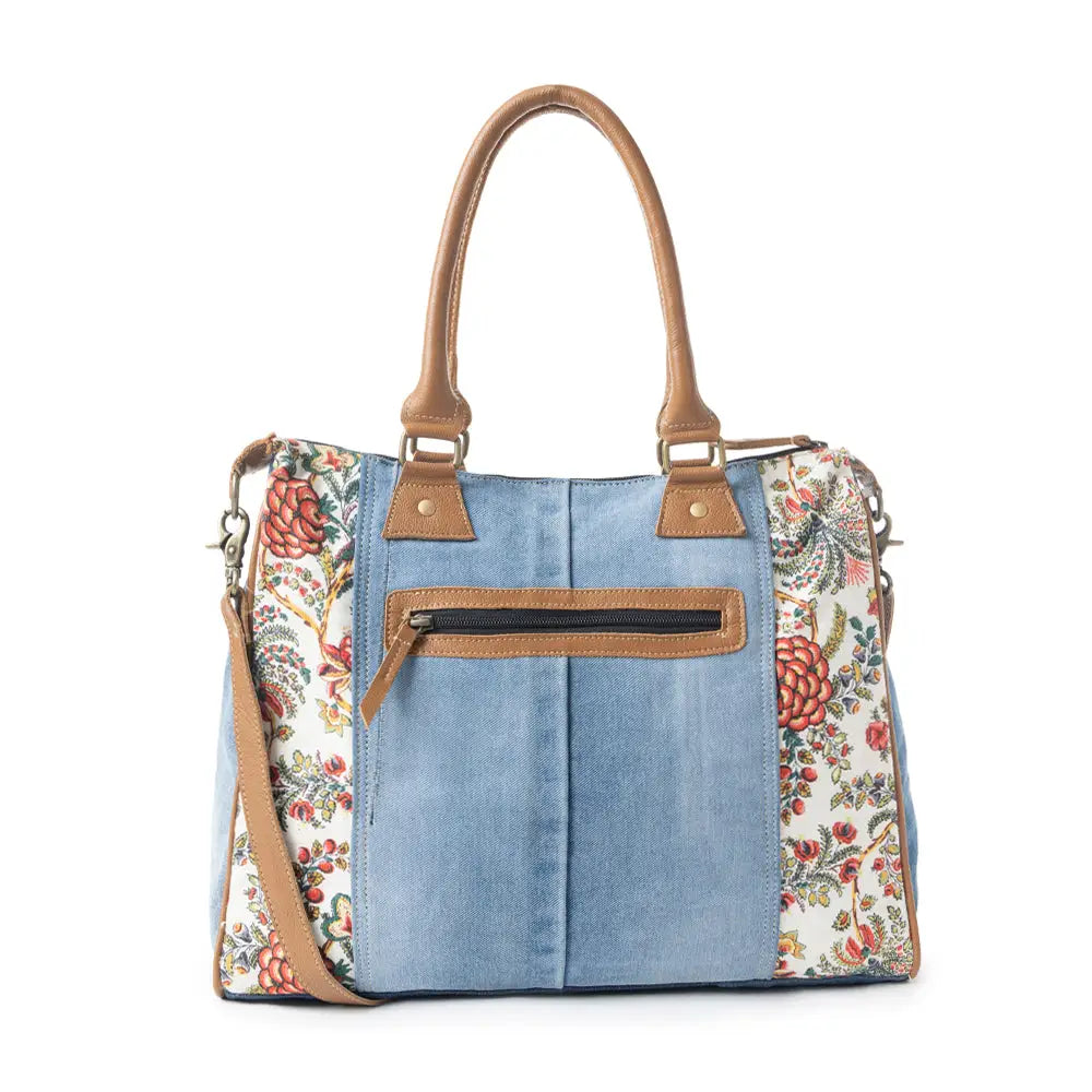 Myra Crimson Glade Floral Canvas Tote Bag - Dual Handle Leather Strap Upcycled Denim Bag for Fun Outings - Multicolor