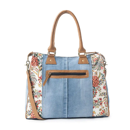 Myra Crimson Glade Floral Canvas Tote Bag - Dual Handle Leather Strap Upcycled Denim Bag for Fun Outings - Multicolor