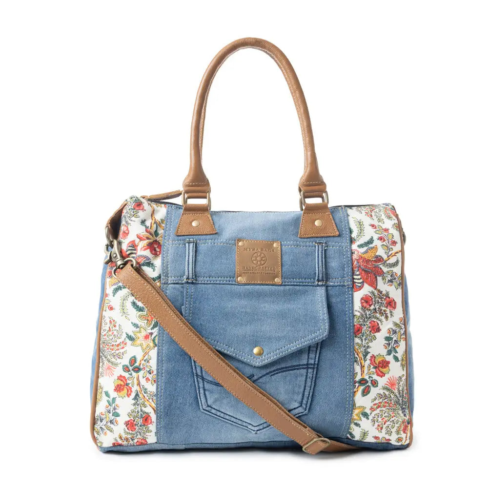 Myra Crimson Glade Floral Canvas Tote Bag - Dual Handle Leather Strap Upcycled Denim Bag for Fun Outings - Multicolor