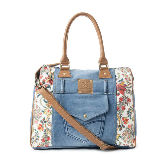 Myra Crimson Glade Floral Canvas Tote Bag - Dual Handle Leather Strap Upcycled Denim Bag for Fun Outings - Multicolor