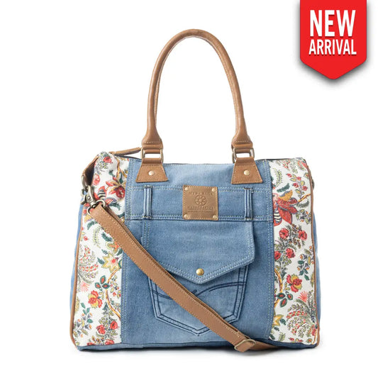 Myra Crimson Glade Floral Canvas Tote Bag - Dual Handle Leather Strap Upcycled Denim Bag for Fun Outings - Multicolor