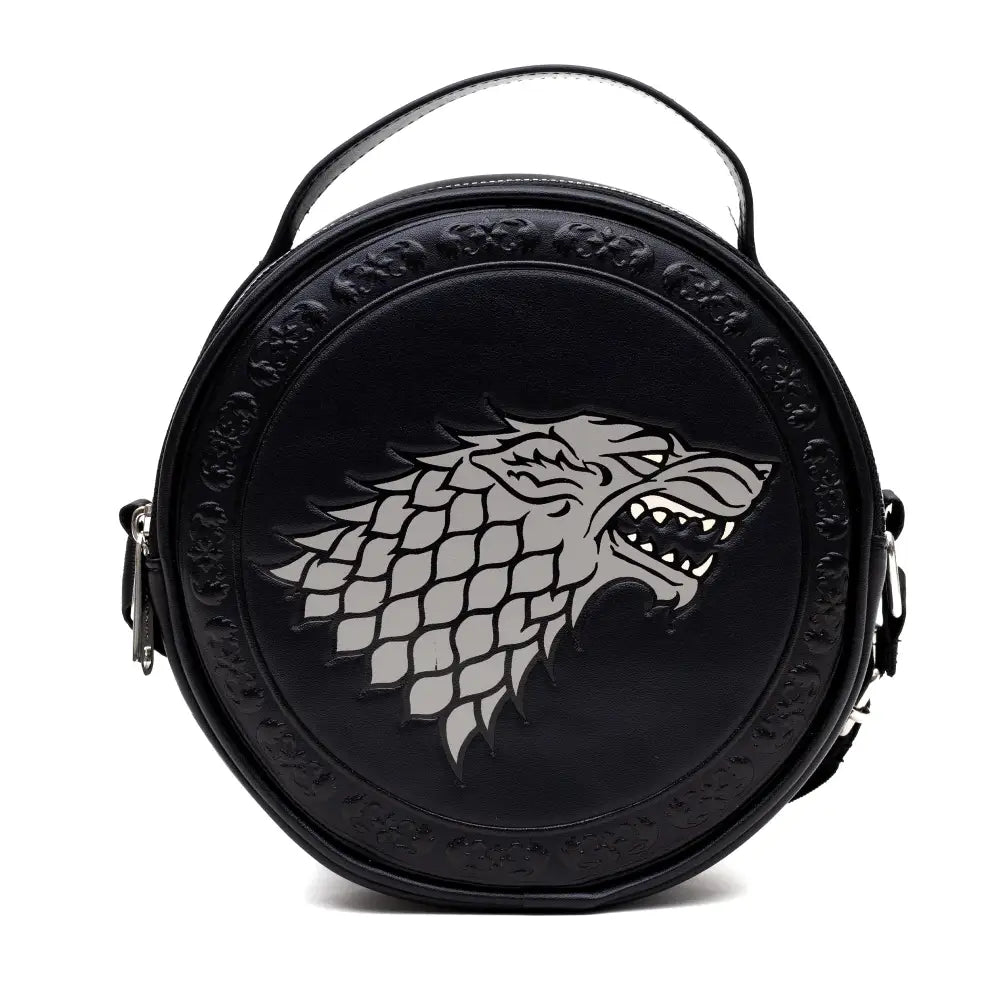 Game of Thrones Vegan Leather Round Crossbody Bag with Adjustable Straps House of Stark Sigil Debossed and Filigree