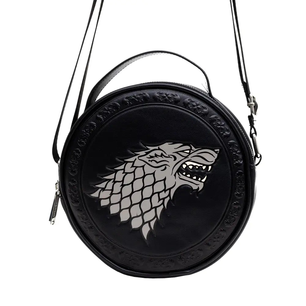 Game of Thrones Vegan Leather Round Crossbody Bag with Adjustable Straps House of Stark Sigil Debossed and Filigree