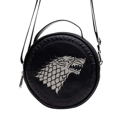 Game of Thrones Vegan Leather Round Crossbody Bag with Adjustable Straps House of Stark Sigil Debossed and Filigree
