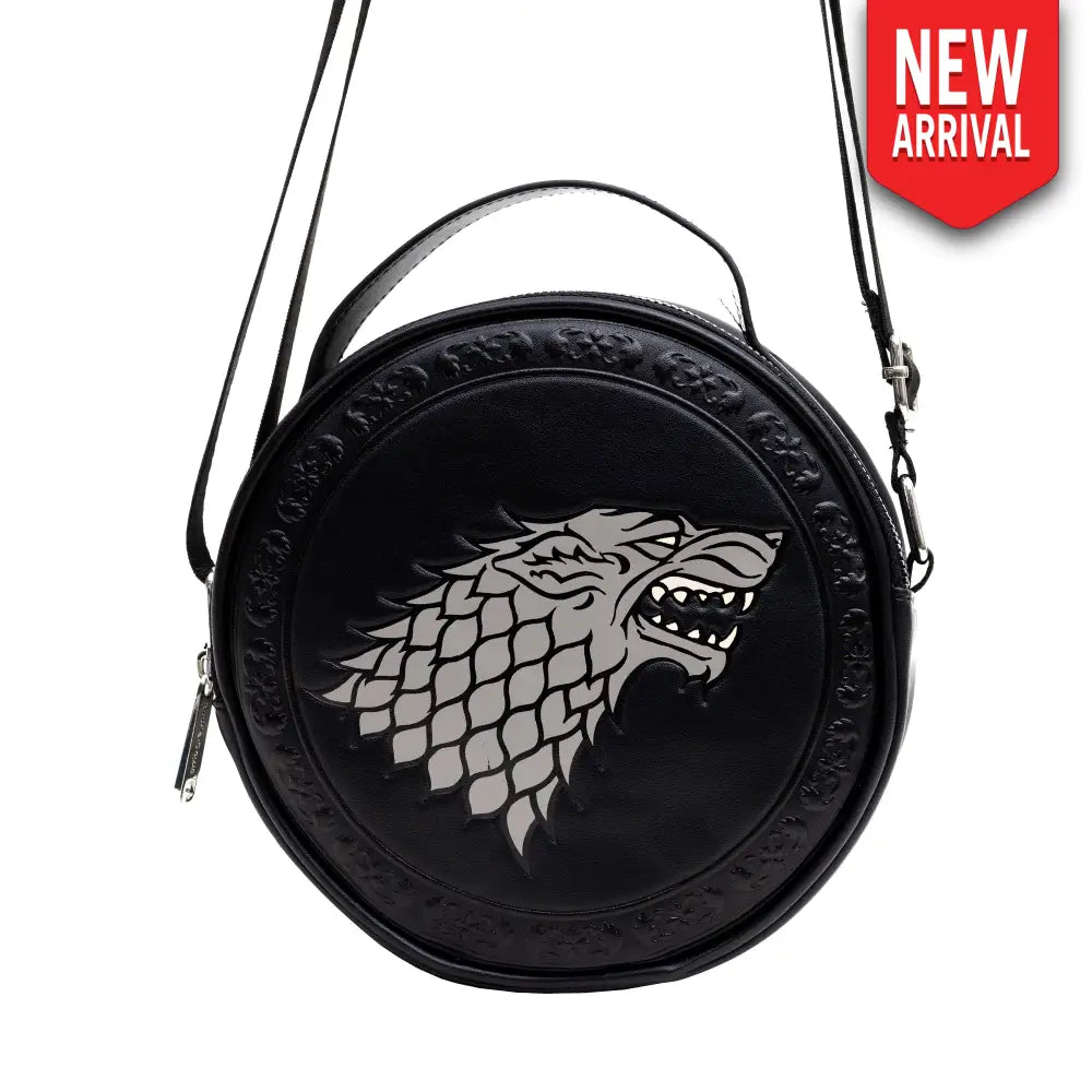 Game of Thrones Vegan Leather Round Crossbody Bag with Adjustable Straps House of Stark Sigil Debossed and Filigree