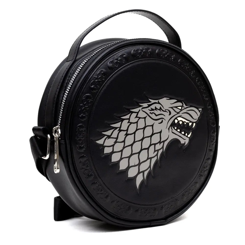 Game of Thrones Vegan Leather Round Crossbody Bag with Adjustable Straps House of Stark Sigil Debossed and Filigree