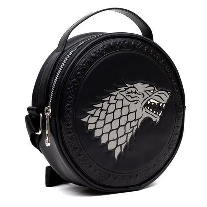 Game of Thrones Vegan Leather Round Crossbody Bag with Adjustable Straps House of Stark Sigil Debossed and Filigree