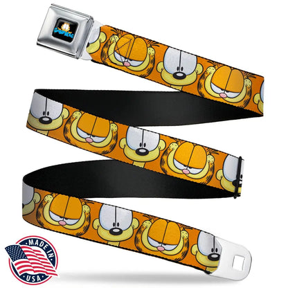 GARFIELD Pose Title Logo Full Color Black Seatbelt Belt - Garfield and Odie Faces Close-Up Orange Webbing Seatbelt Belts