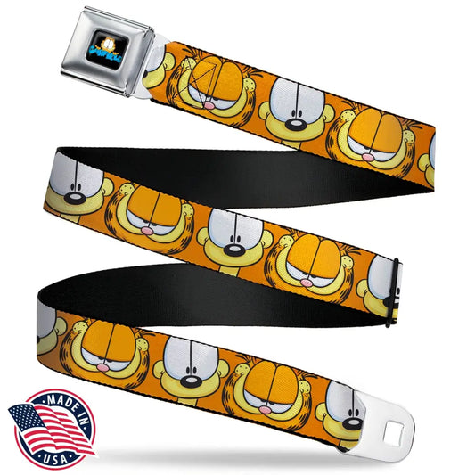 GARFIELD Pose Title Logo Full Color Black Seatbelt Belt - Garfield and Odie Faces Close-Up Orange Webbing Seatbelt Belts