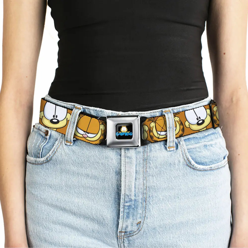 GARFIELD Pose Title Logo Full Color Black Seatbelt Belt - Garfield and Odie Faces Close-Up Orange Webbing Seatbelt Belts