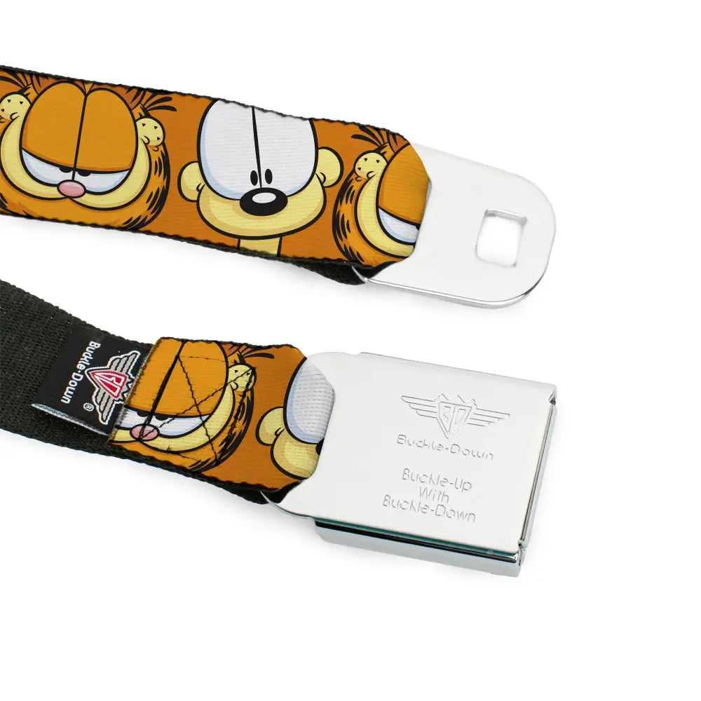 GARFIELD Pose Title Logo Full Color Black Seatbelt Belt - Garfield and Odie Faces Close-Up Orange Webbing Seatbelt Belts