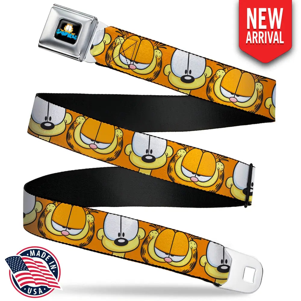GARFIELD Pose Title Logo Full Color Black Seatbelt Belt - Garfield and Odie Faces Close-Up Orange Webbing Seatbelt Belts