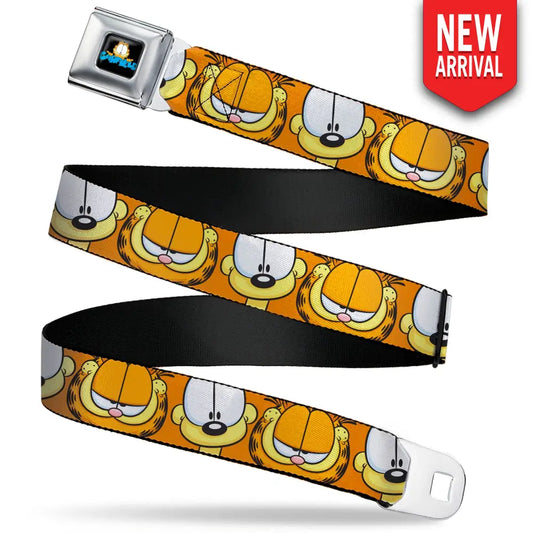 GARFIELD Pose Title Logo Full Color Black Seatbelt Belt - Garfield and Odie Faces Close-Up Orange Webbing Seatbelt Belts