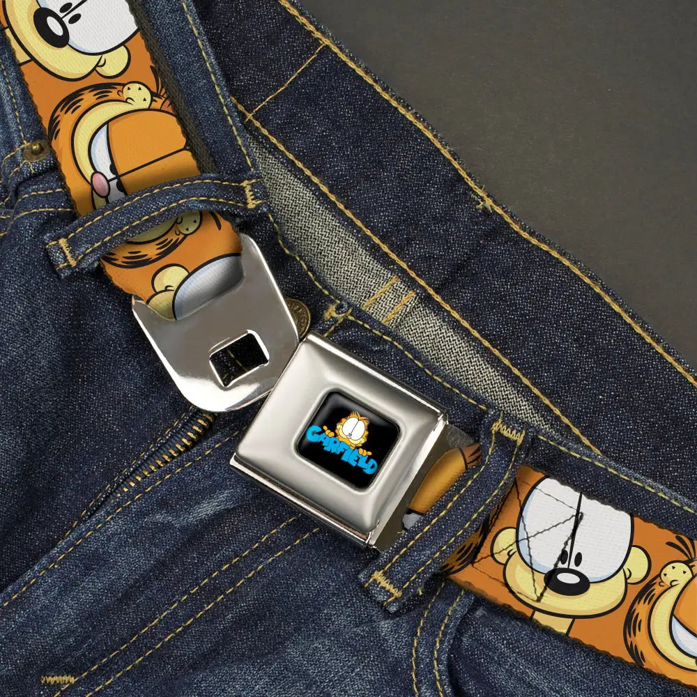 GARFIELD Pose Title Logo Full Color Black Seatbelt Belt - Garfield and Odie Faces Close-Up Orange Webbing Seatbelt Belts