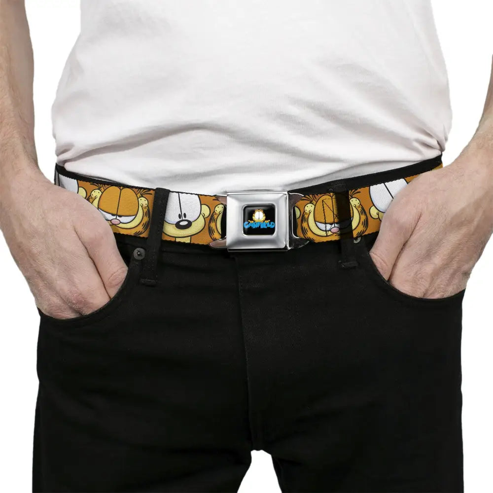 GARFIELD Pose Title Logo Full Color Black Seatbelt Belt - Garfield and Odie Faces Close-Up Orange Webbing Seatbelt Belts