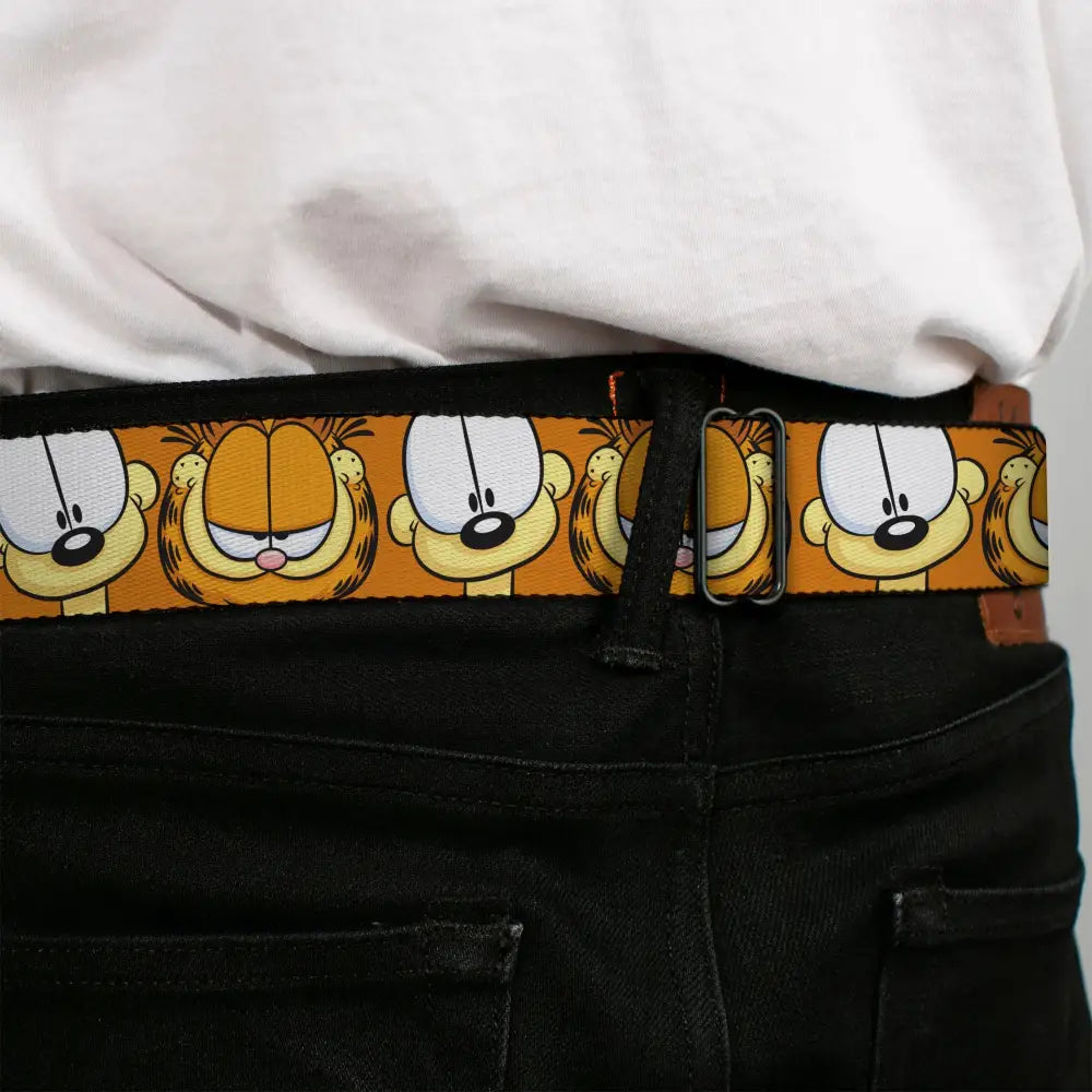 GARFIELD Pose Title Logo Full Color Black Seatbelt Belt - Garfield and Odie Faces Close-Up Orange Webbing Seatbelt Belts