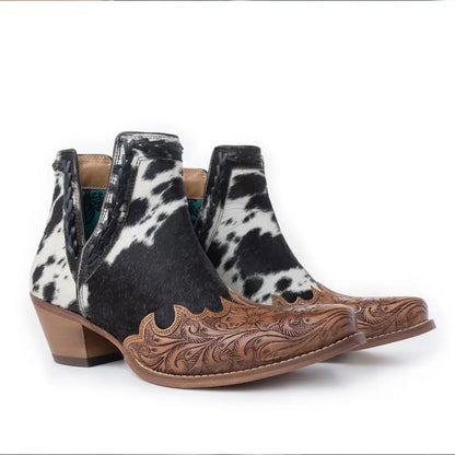 Myra Georgina Hairon Boots for Women - Spilt-Top Handtooled Pointed Toe Cowgirl Boots for Rustic Rodeo Glam - SHOES