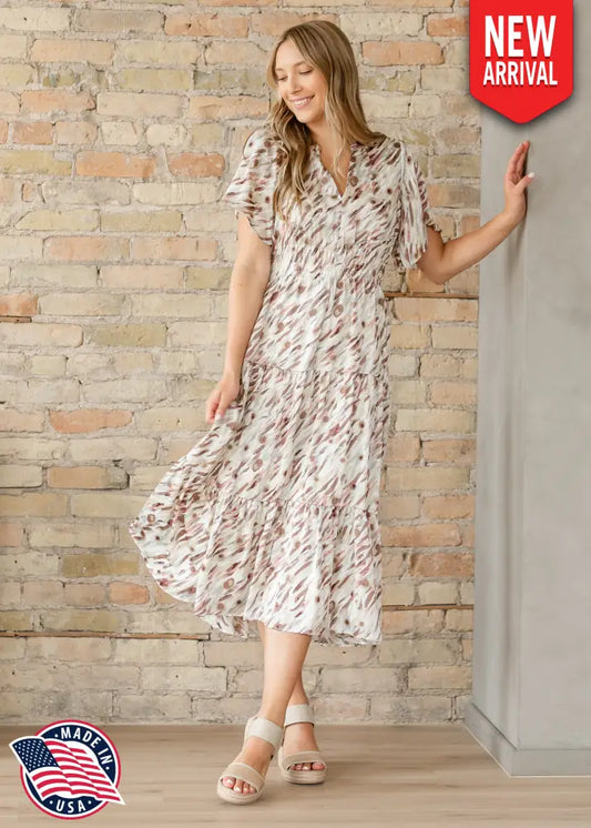 Gina Pink Abstract Short Sleeve Midi Dress IC Dresses